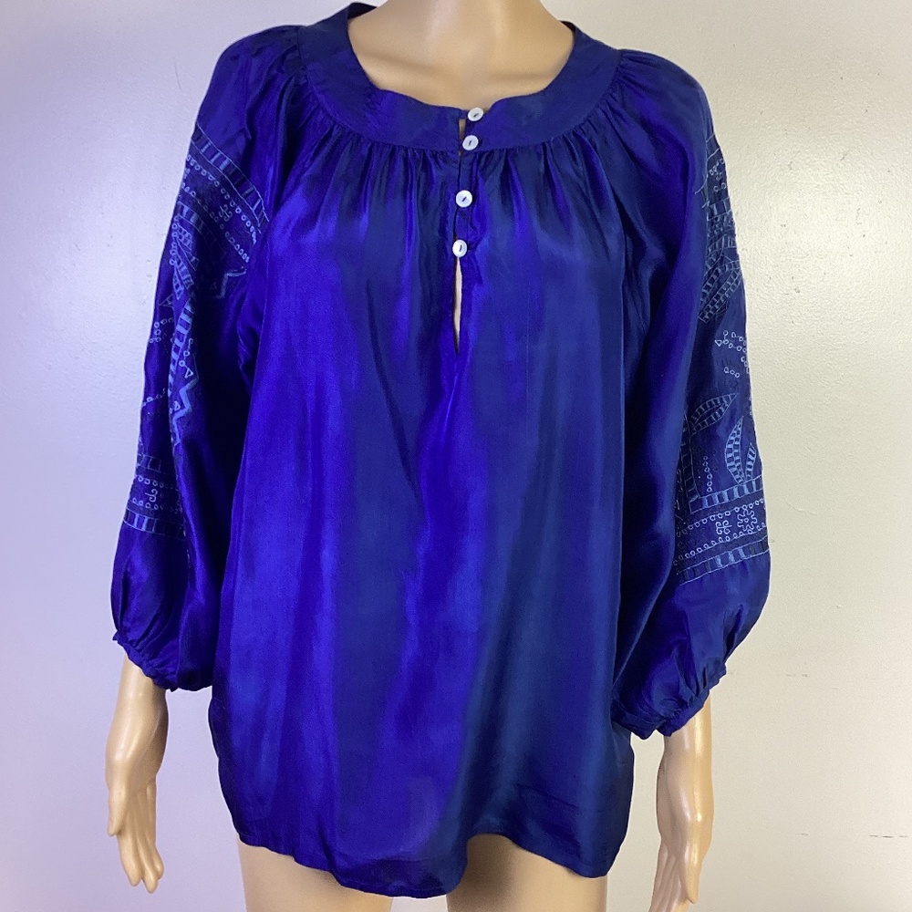 Roberta Freymann Blue Silk Embroidered Puff Sleeve Blouse Sz S